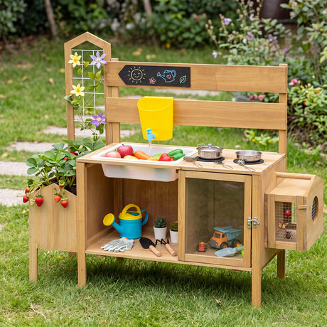 Honey Joy Mud Kitchen for Kids, Pretend Play Kitchen with Detachable Bird Cage, Trellis, Planter Box, Sink, Stoves