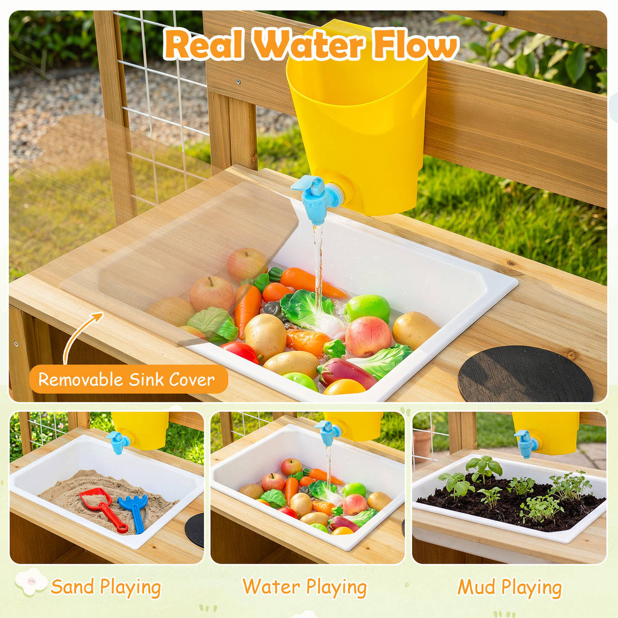 Honey Joy Mud Kitchen for Kids, Pretend Play Kitchen with Detachable Bird Cage, Trellis, Planter Box, Sink, Stoves
