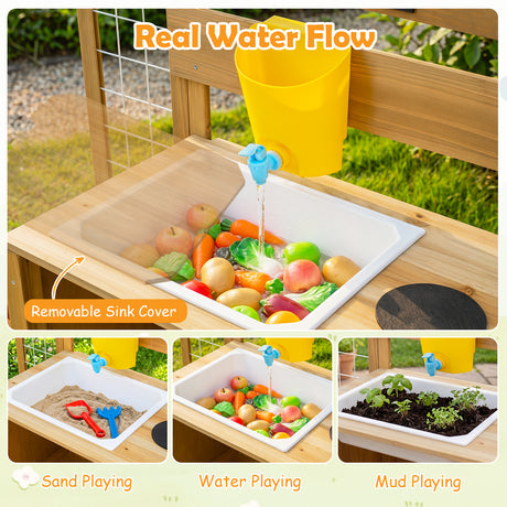 Honey Joy Mud Kitchen for Kids, Pretend Play Kitchen with Detachable Bird Cage, Trellis, Planter Box, Sink, Stoves
