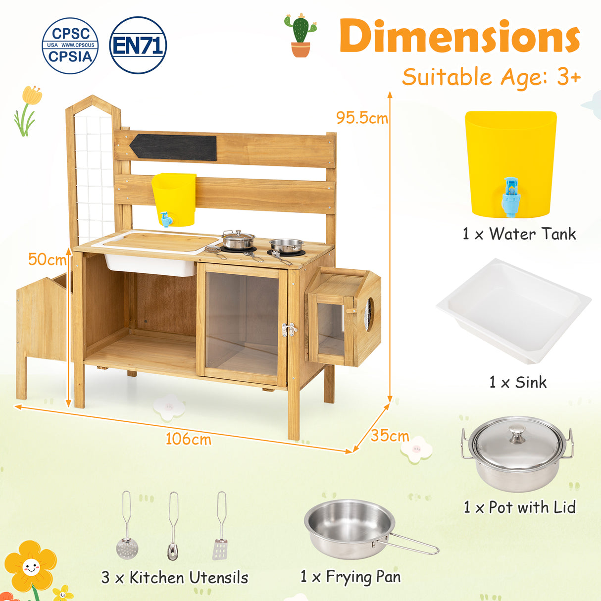 Honey Joy Mud Kitchen for Kids, Pretend Play Kitchen with Detachable Bird Cage, Trellis, Planter Box, Sink, Stoves