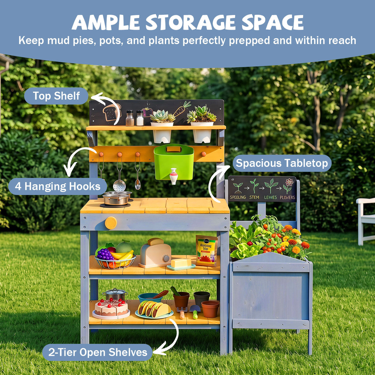 Mud Kitchen Set for Kids, Outdoor Wooden Play Kitchen Potting Bench