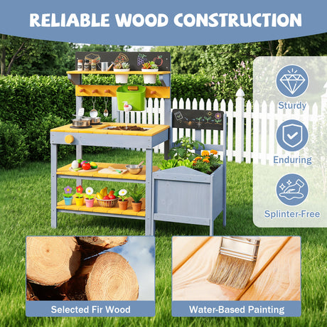 Mud Kitchen Set for Kids, Outdoor Wooden Play Kitchen Potting Bench