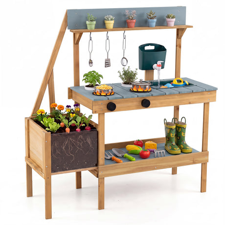 Kids Mud Kitchen, Wooden Play Kitchen with Planter Box, Stoves, Water Tank, Sink & 9 Accessories, Outdoor Pretend Kitchen Playset for Toddlers Aged 3+