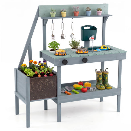 Kids Mud Kitchen, Wooden Play Kitchen with Planter Box, Stoves, Water Tank, Sink & 9 Accessories, Outdoor Pretend Kitchen Playset for Toddlers Aged 3+