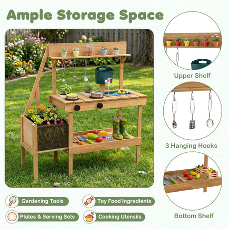 Kids Mud Kitchen, Wooden Play Kitchen with Planter Box, Stoves, Water Tank, Sink & 9 Accessories, Outdoor Pretend Kitchen Playset for Toddlers Aged 3+