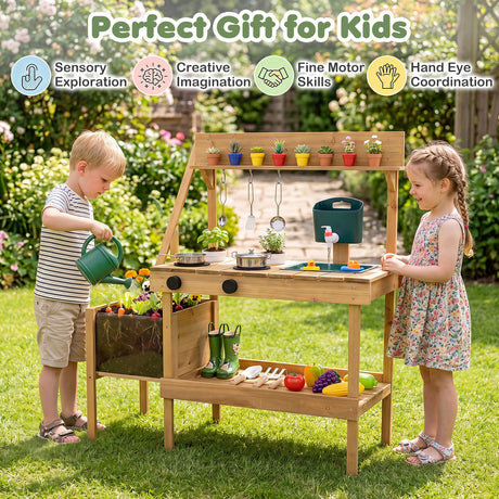 Kids Mud Kitchen, Wooden Play Kitchen with Planter Box, Stoves, Water Tank, Sink & 9 Accessories, Outdoor Pretend Kitchen Playset for Toddlers Aged 3+