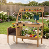 Kids Mud Kitchen, Wooden Play Kitchen with Planter Box, Stoves, Water Tank, Sink & 9 Accessories, Outdoor Pretend Kitchen Playset for Toddlers Aged 3+