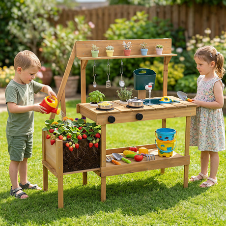 Kids Mud Kitchen, Wooden Play Kitchen with Planter Box, Stoves, Water Tank, Sink & 9 Accessories, Outdoor Pretend Kitchen Playset for Toddlers Aged 3+