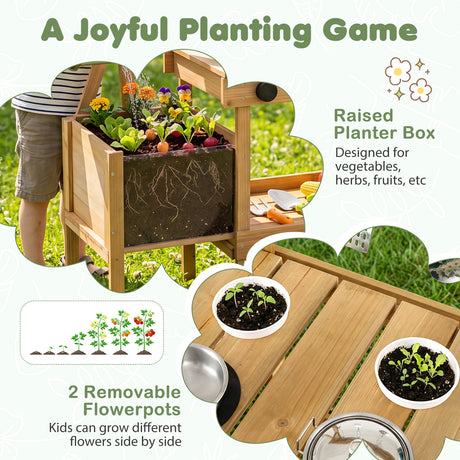 Kids Mud Kitchen, Wooden Play Kitchen with Planter Box, Stoves, Water Tank, Sink & 9 Accessories, Outdoor Pretend Kitchen Playset for Toddlers Aged 3+