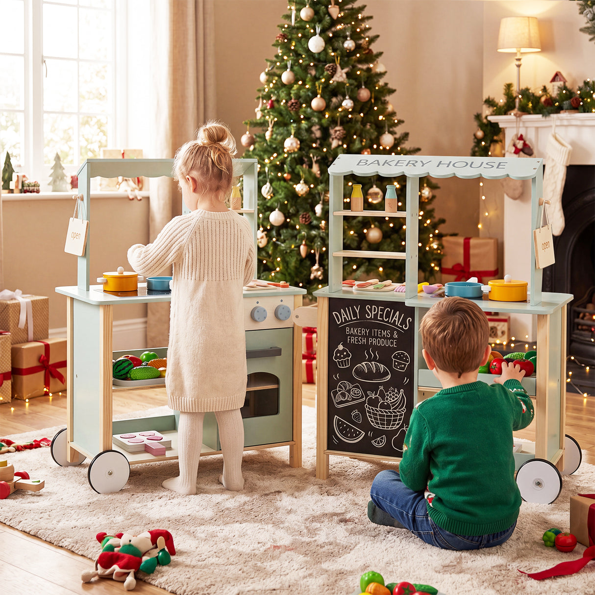 Play Kitchen for Kids, Wooden Kitchen Playset with Stoves, Oven, Rolling Chef Pretend Play Set