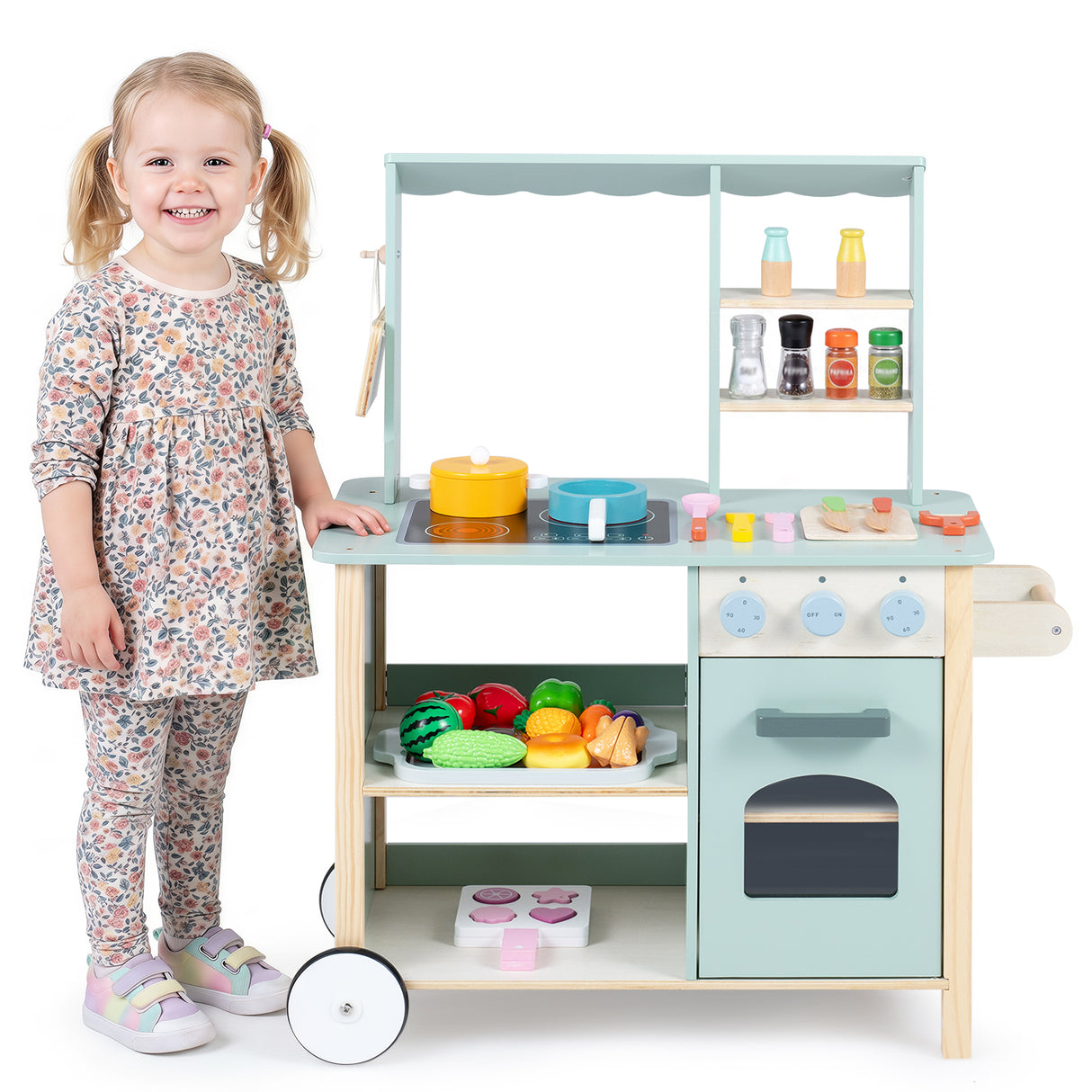 Play Kitchen for Kids, Wooden Kitchen Playset with Stoves, Oven, Rolling Chef Pretend Play Set