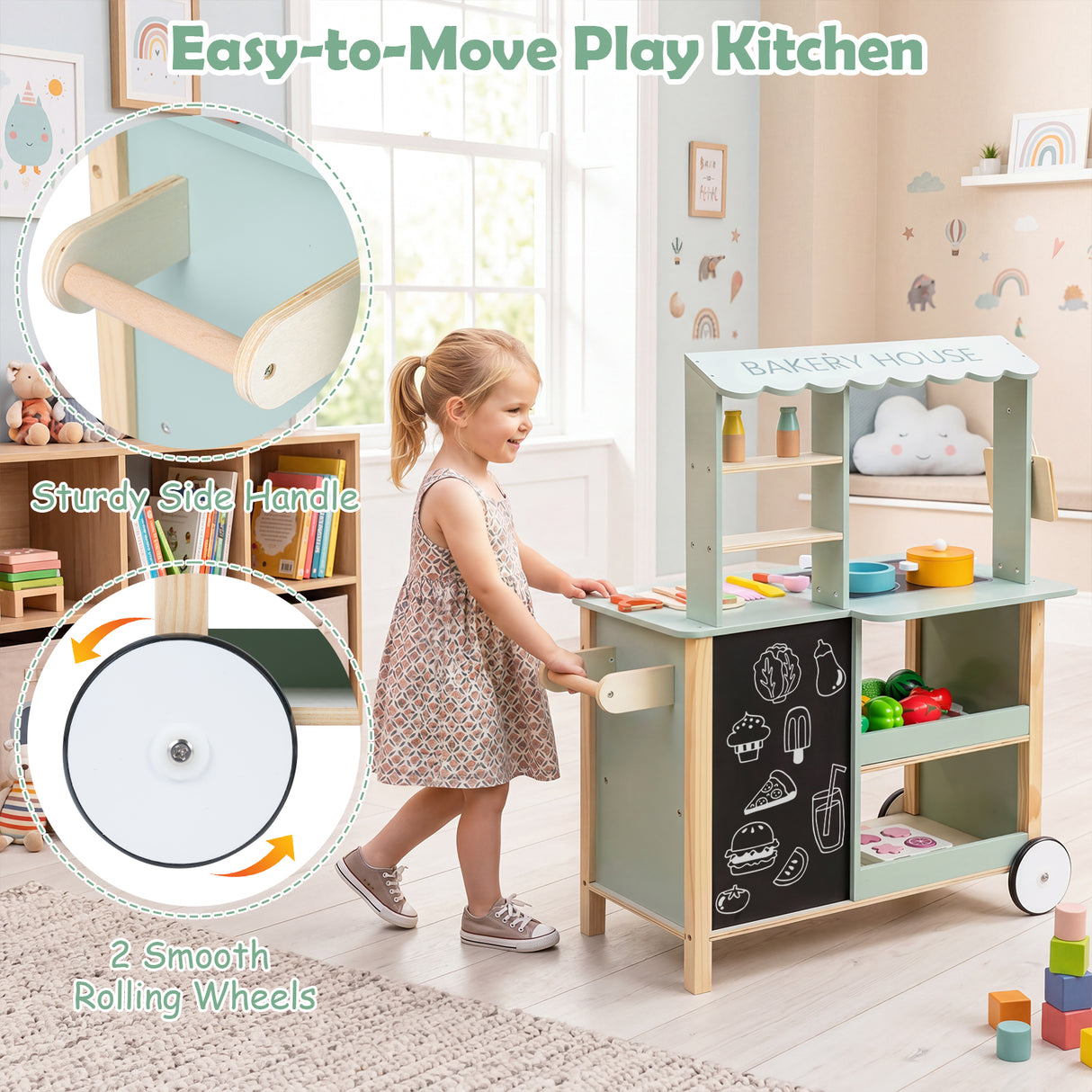Play Kitchen for Kids, Wooden Kitchen Playset with Stoves, Oven, Rolling Chef Pretend Play Set