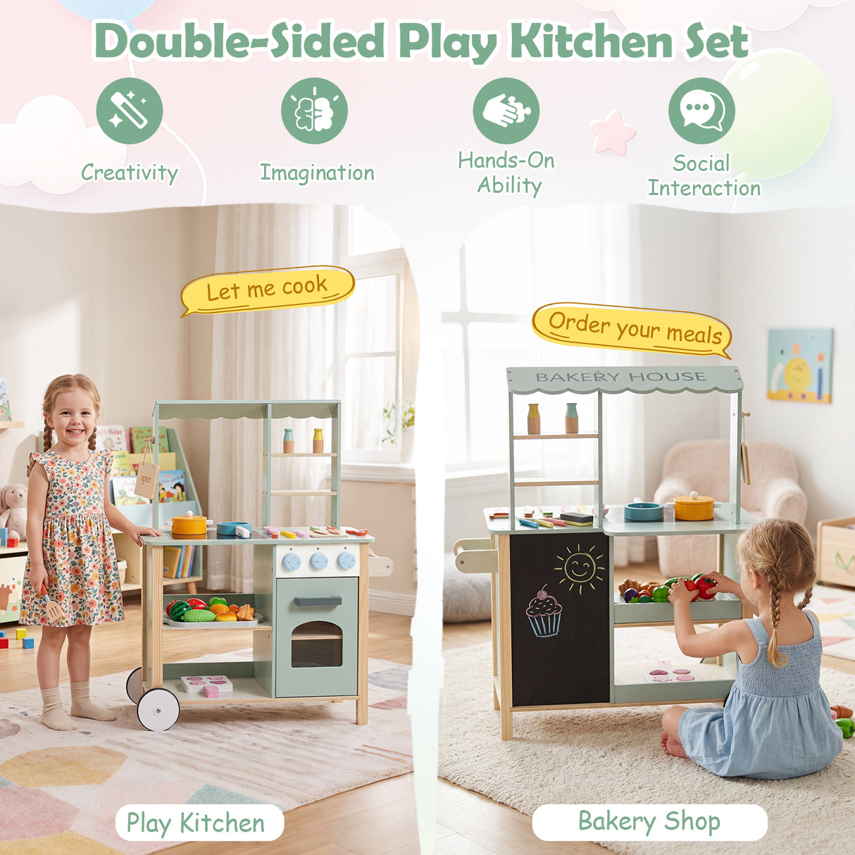 Play Kitchen for Kids, Wooden Kitchen Playset with Stoves, Oven, Rolling Chef Pretend Play Set