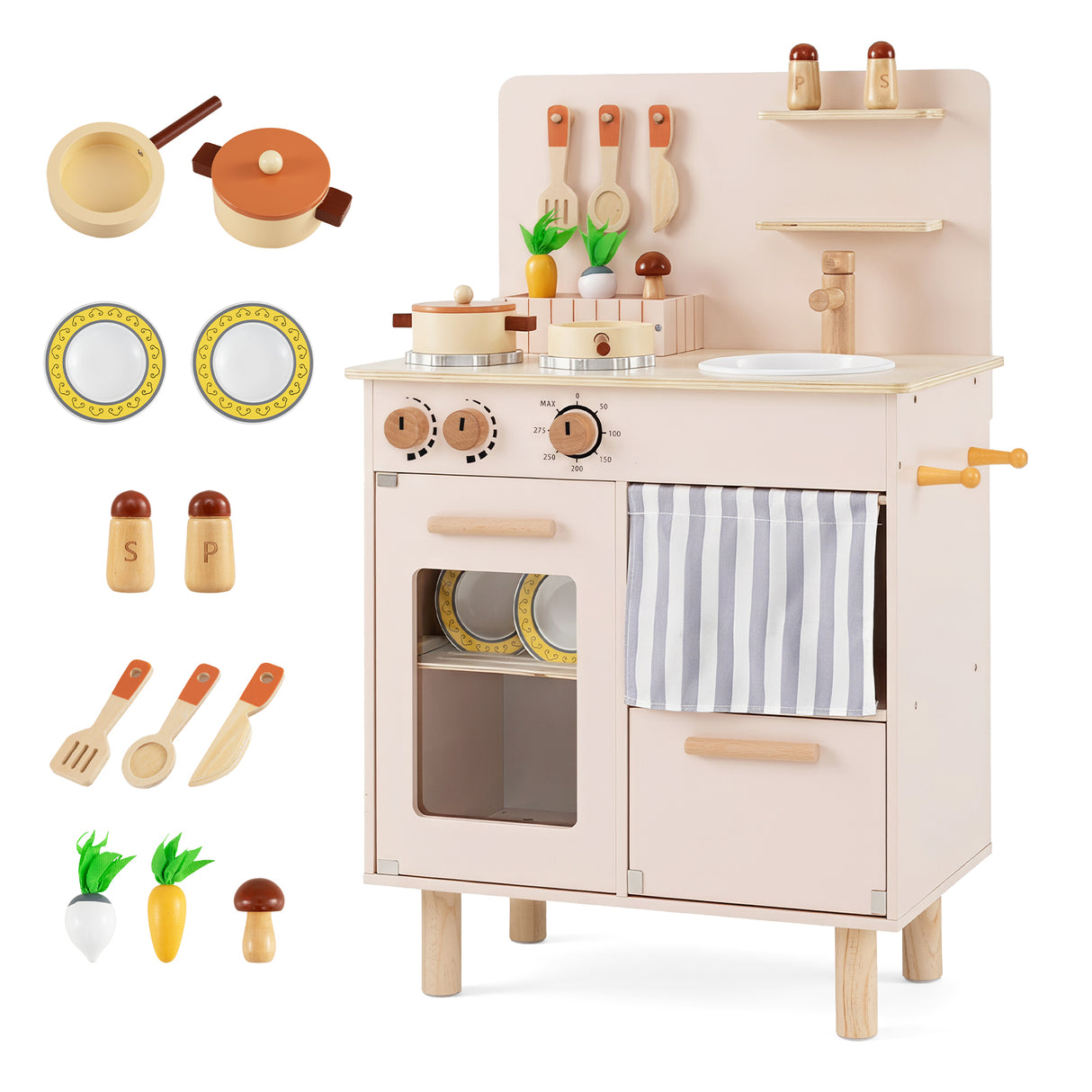 Toddler Kitchen Playset w/ Stoves, Faucet, Sink, Pretend Play Food, Cookware Accessories
