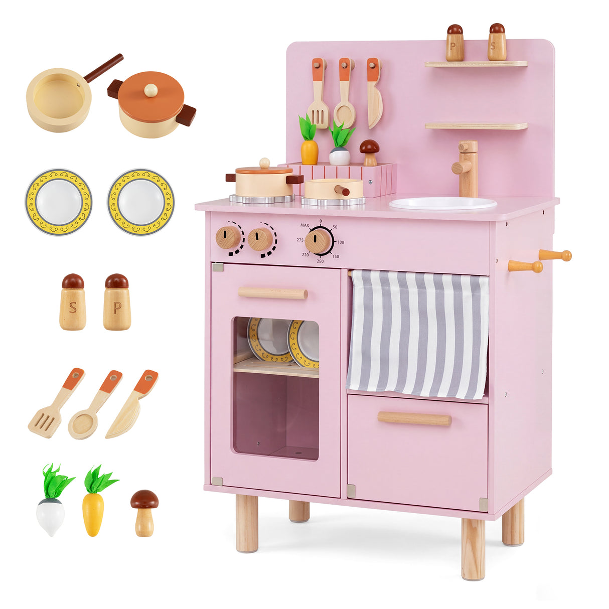 Toddler Kitchen Playset w/ Stoves, Faucet, Sink, Pretend Play Food, Cookware Accessories