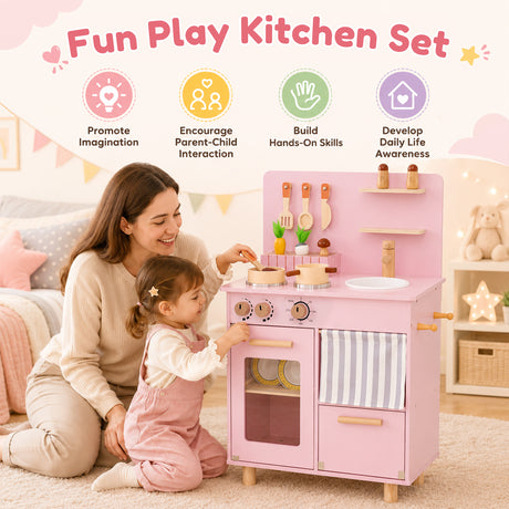 Toddler Kitchen Playset w/ Stoves, Faucet, Sink, Pretend Play Food, Cookware Accessories