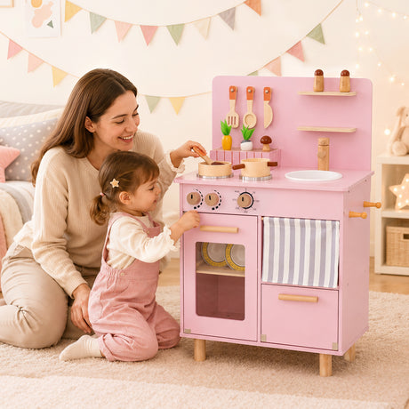 Toddler Kitchen Playset w/ Stoves, Faucet, Sink, Pretend Play Food, Cookware Accessories