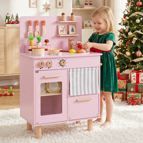 Toddler Kitchen Playset w/ Stoves, Faucet, Sink, Pretend Play Food, Cookware Accessories