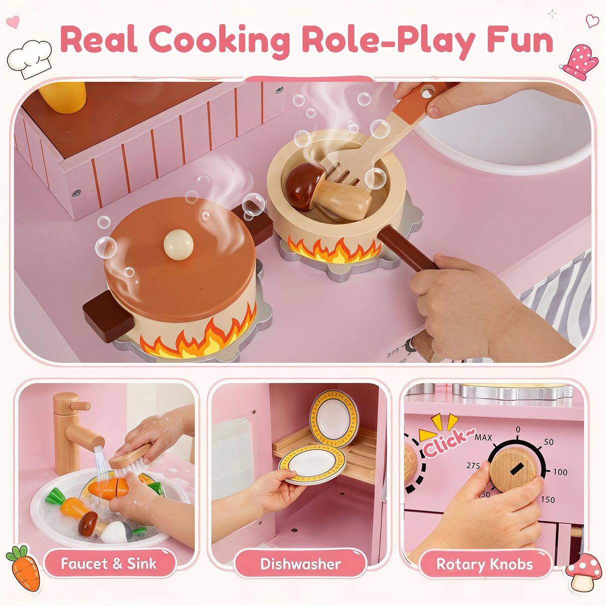 Toddler Kitchen Playset w/ Stoves, Faucet, Sink, Pretend Play Food, Cookware Accessories