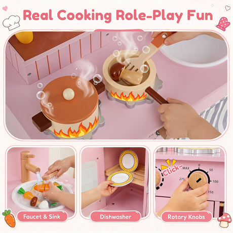 Toddler Kitchen Playset w/ Stoves, Faucet, Sink, Pretend Play Food, Cookware Accessories
