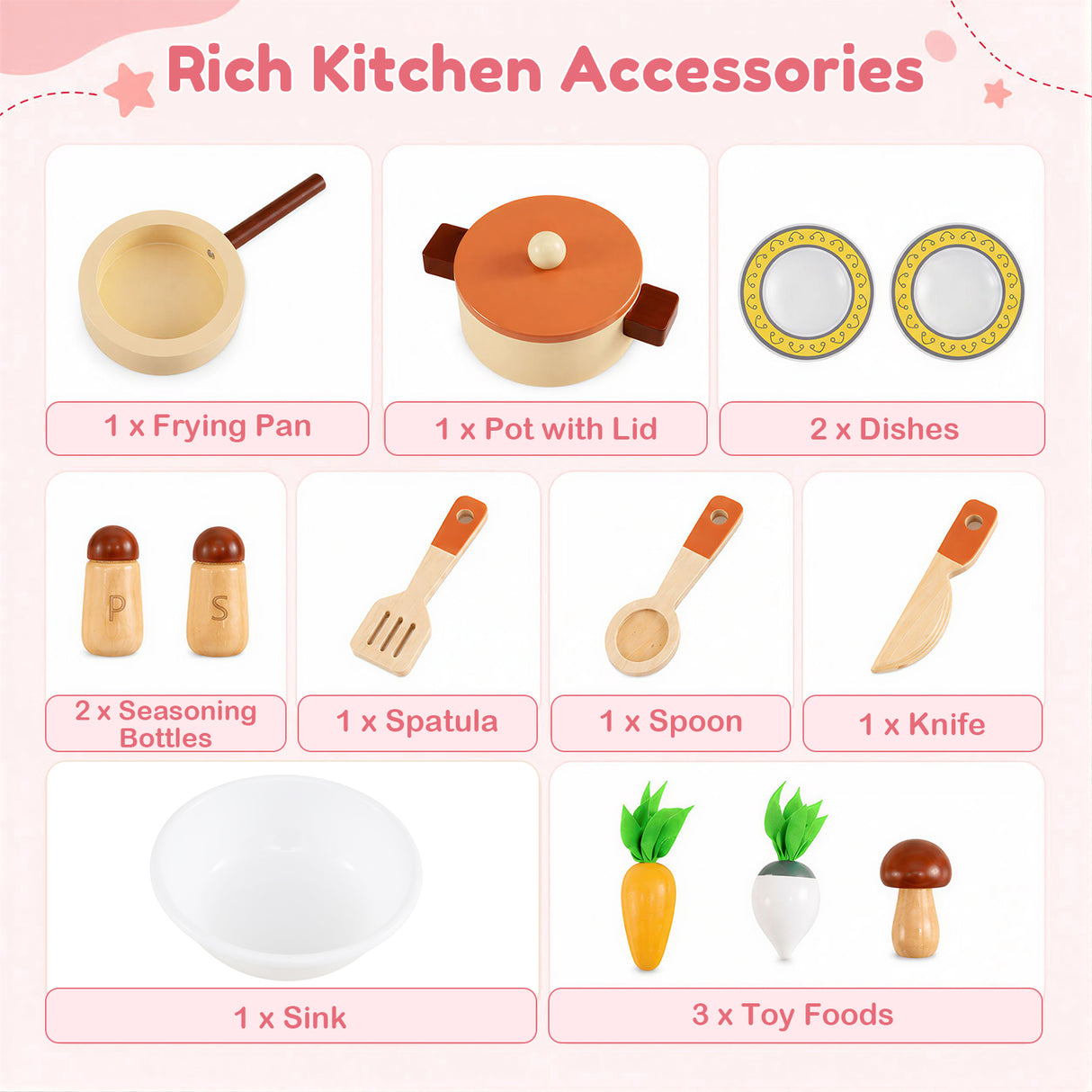 Toddler Kitchen Playset w/ Stoves, Faucet, Sink, Pretend Play Food, Cookware Accessories
