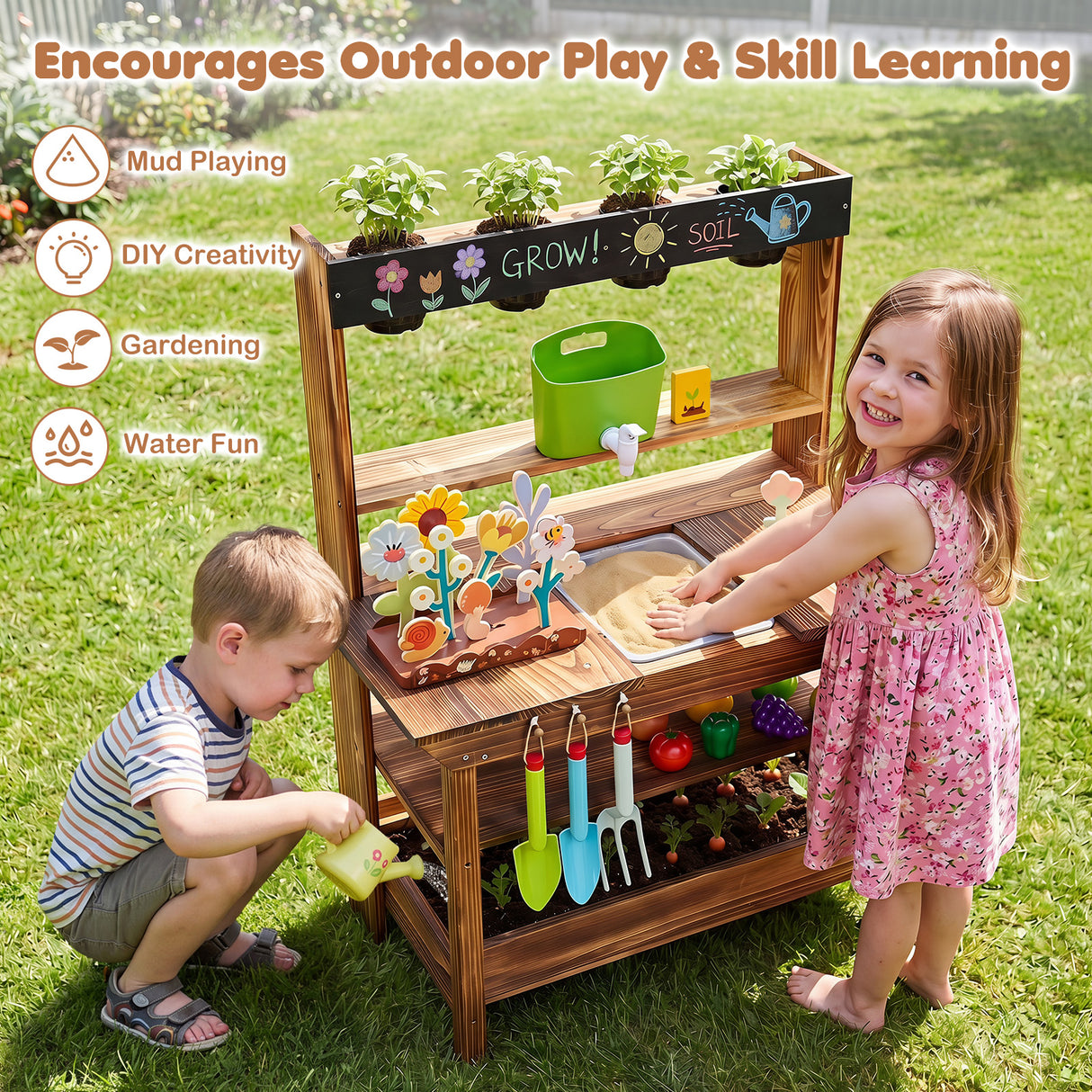 Outdoor Wood Mud Kitchen for Kids, Sensory Kitchen Playset for Children Age 3+
