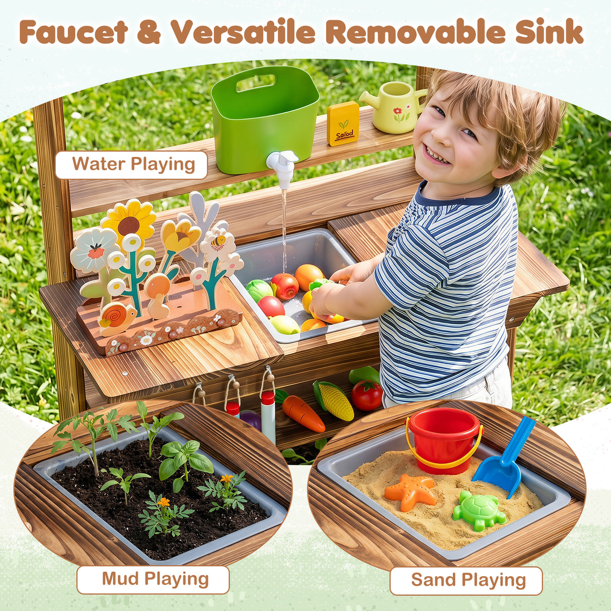 Outdoor Wood Mud Kitchen for Kids, Sensory Kitchen Playset for Children Age 3+