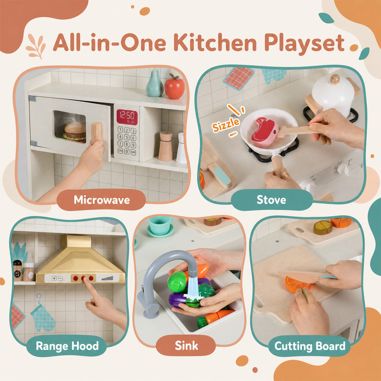 Interactive Pretend Kids Kitchen Playset w/ Stove, Microwave, Sink, Storage Space & Accessories for Toddlers Ages 3+
