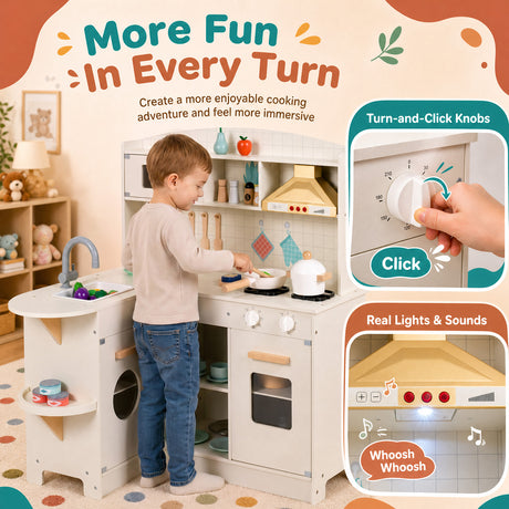 Interactive Pretend Kids Kitchen Playset w/ Stove, Microwave, Sink, Storage Space & Accessories for Toddlers Ages 3+