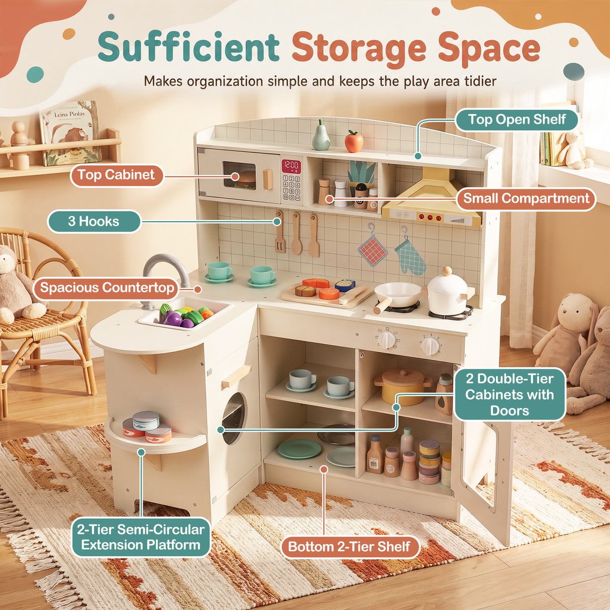 Interactive Pretend Kids Kitchen Playset w/ Stove, Microwave, Sink, Storage Space & Accessories for Toddlers Ages 3+