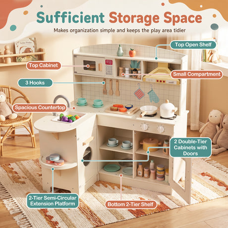 Interactive Pretend Kids Kitchen Playset w/ Stove, Microwave, Sink, Storage Space & Accessories for Toddlers Ages 3+