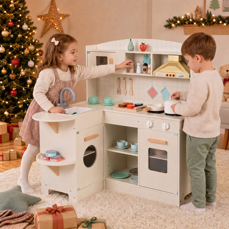 Interactive Pretend Kids Kitchen Playset w/ Stove, Microwave, Sink, Storage Space & Accessories for Toddlers Ages 3+