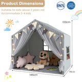 Kids Play Tent, 3-4 Kids Large Play Tent House w/Fabric & Screen Curtains, Star Lights, Plaid Pennants