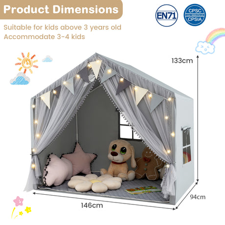 Kids Play Tent, 3-4 Kids Large Play Tent House w/Fabric & Screen Curtains, Star Lights, Plaid Pennants