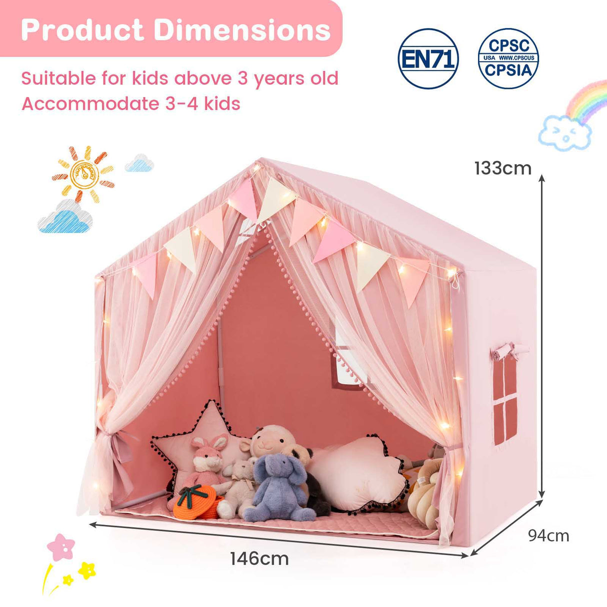 Kids Play Tent, 3-4 Kids Large Play Tent House w/Fabric & Screen Curtains, Star Lights, Plaid Pennants