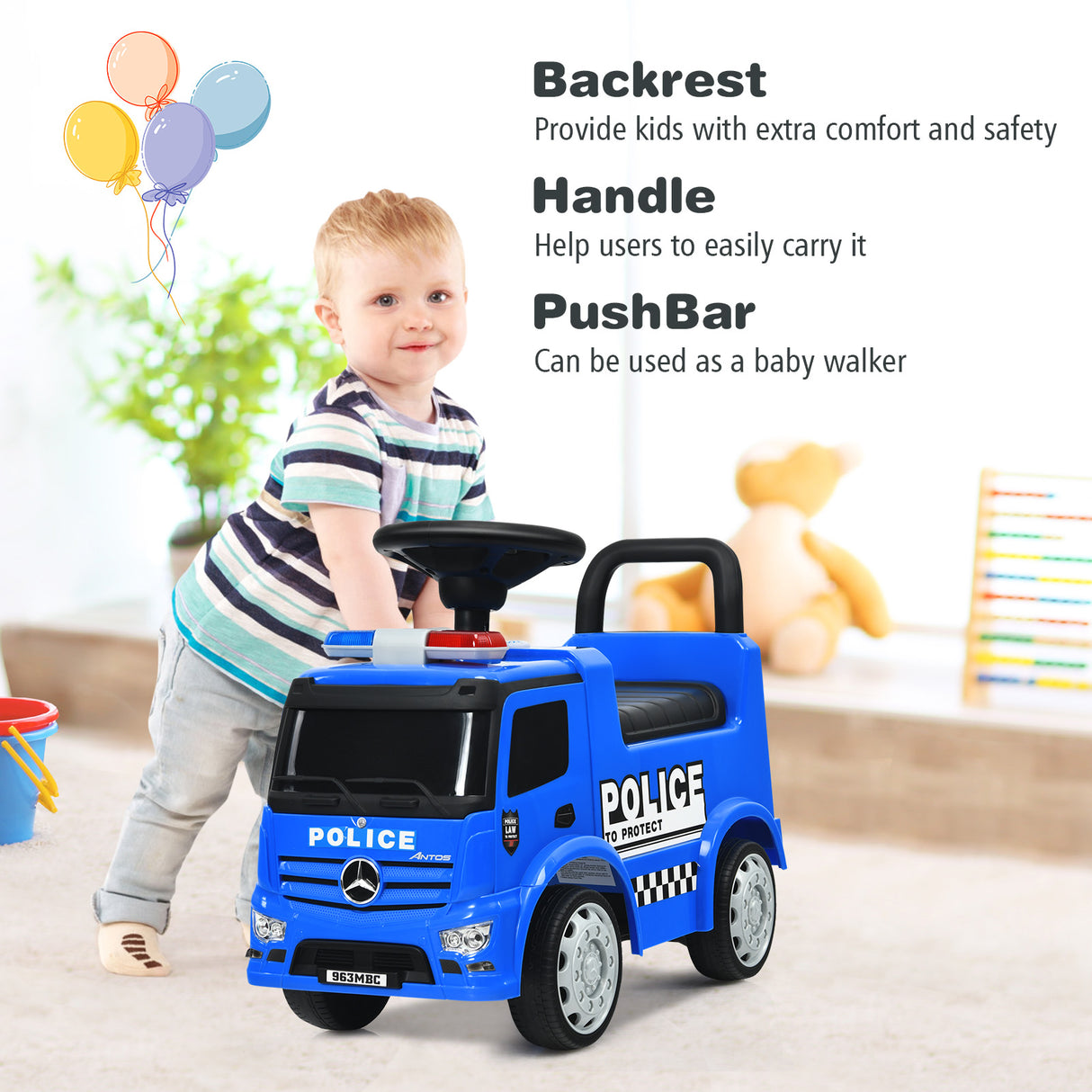 Kids Ride on Police Car, Licensed Mercedes Benz Toddler Push Car