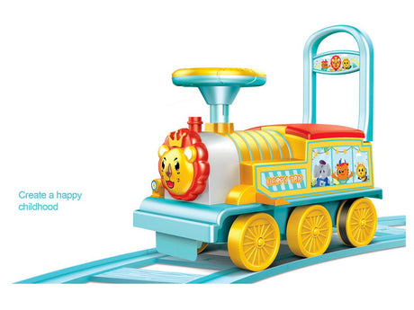 HONEY JOY Ride on Train Track, 6V Electric Ride on Train with Tracks, Storage Seat, Flashing Lights & Music