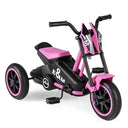Pink and black tricycle with 'E&M' branding on a white background
