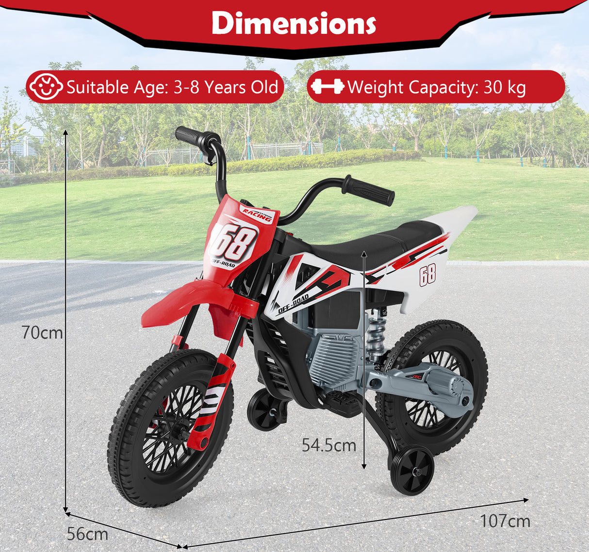 12V Kids Motorcycle with Training Wheels and Spring Suspension