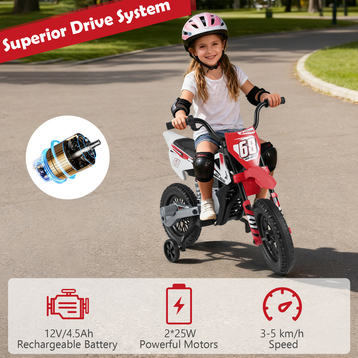 12V Kids Motorcycle with Training Wheels and Spring Suspension