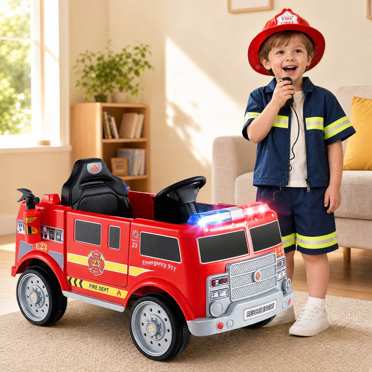 Kids Ride on Fire Truck, 12V Battery Powered Fire Car with Remote Control