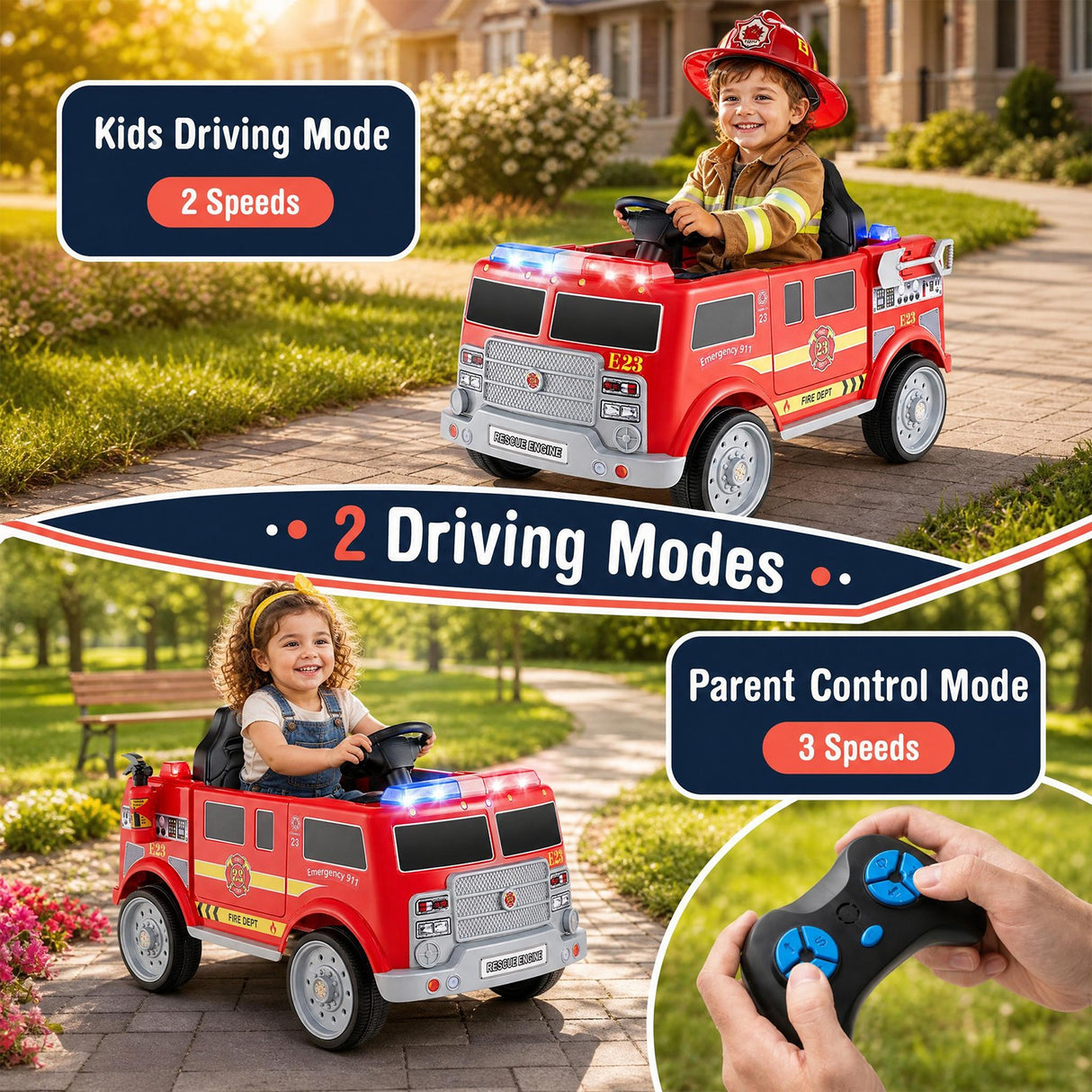 Kids Ride on Fire Truck, 12V Battery Powered Fire Car with Remote Control