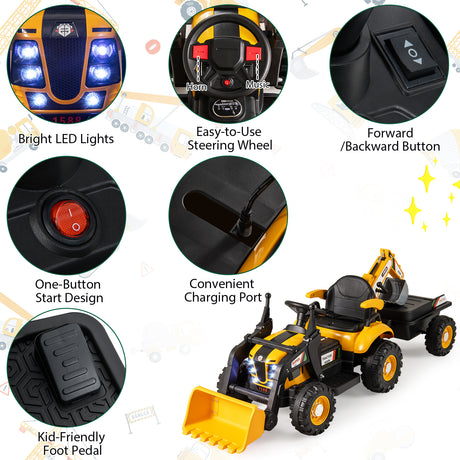 Toy construction vehicle with close-up details on features like LED lights, steering wheel, and charging port.