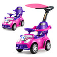 Pink and purple toy car with canopy on a white background
