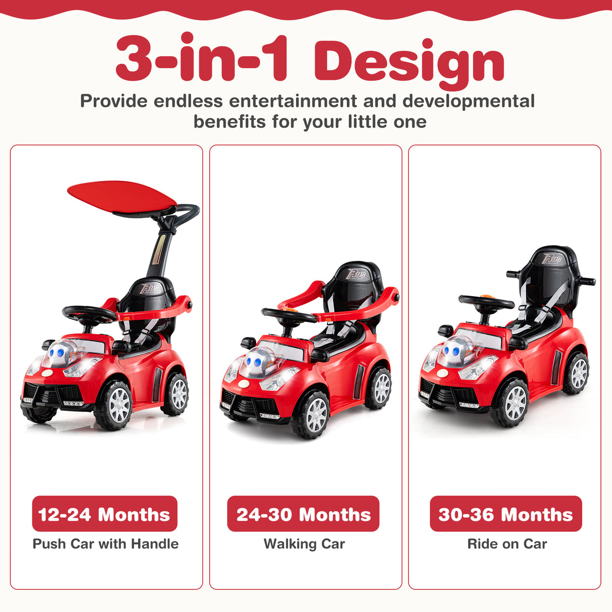 3 in 1 Push Car for Toddler, Stroller Sliding Walking Car for Boys & Girls