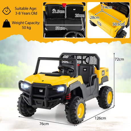 Toy off-road vehicle with dimensions and safety information on a blurred outdoor background