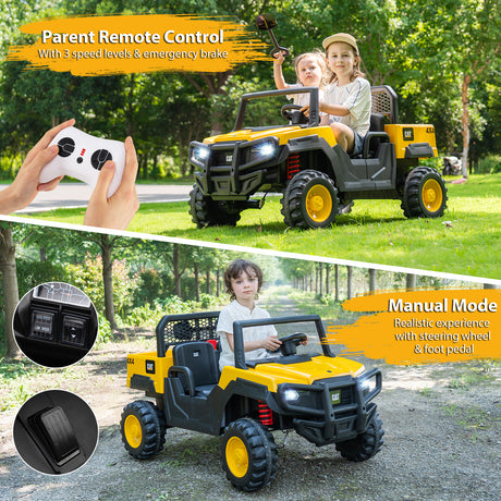 Children playing with a yellow and black toy off-road vehicle in a park, with a parent remote control shown.