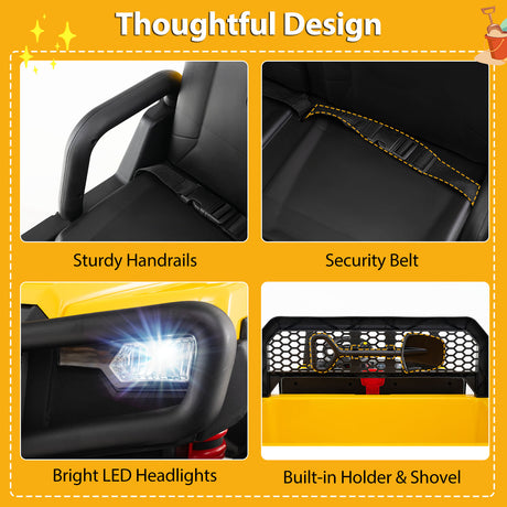 Collage of a vehicle seat with handrails, security belt, bright LED headlights, and built-in holder & shovel on a yellow background.