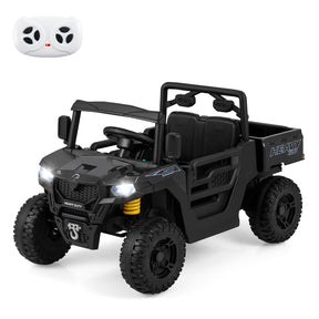 Black toy utility vehicle with remote control on a white background