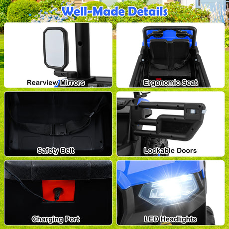 Collage of a child's toy vehicle with features highlighted, including rearview mirrors, ergonomic seat, safety belt, lockable doors, charging port, and LED headlights.